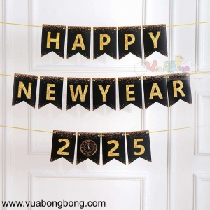 Banner dây cờ HAPPY NEW YEAR 2025 đèn in vàng